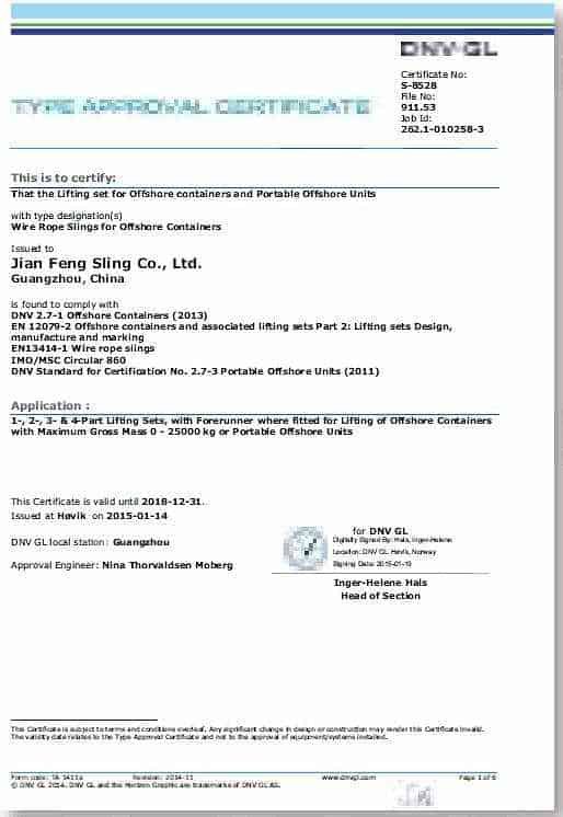 Offshore Container Wire Rope Sling JF Brand Offshore Container Wire Rope Sling Certificate